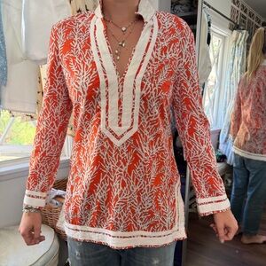 Tory Burch Orange and White Coral-Print V-Neck Tunic